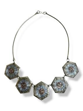 Vtg Brutalist Brass Mixed Metal Wire Statement Collar Necklace Hexagon Bib Boho